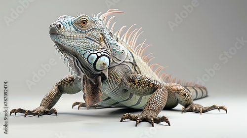 A green iguana is a large  arboreal lizard native to Central and South America. It is a popular pet and is often kept in terrariums.