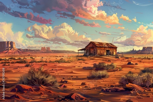 Lone Desert Outpost Shelter in Vast Arid Landscape, Dramatic Concept Illustration