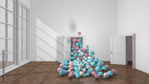 Colorful balloons flying in the room. 3D illustration, 3D rendering	
