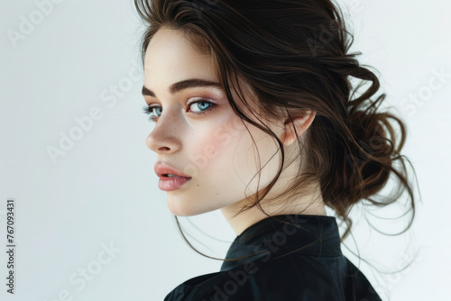Clean brunette woman face and fresh skin for fashion and beauty care ads
