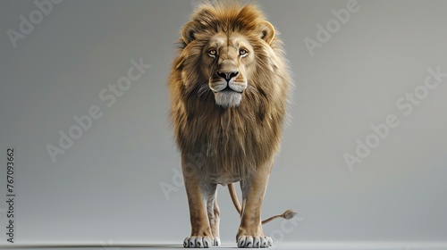A majestic lion stands tall and proud, his piercing gaze fixed on something in the distance.