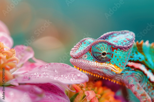 An exquisite extreme close-up capturing a chameleon perched on a flower