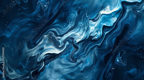 Abstract blue and white fluid art painting. The deep blue swirls and the white veins create a mesmerizing and elegant pattern.