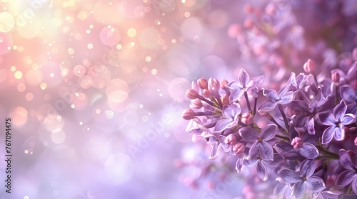 Soft lilac flowers on a dreamy, bokeh background with hues of purple and pink, symbolizing early summer and fragrant gardens. © mashimara