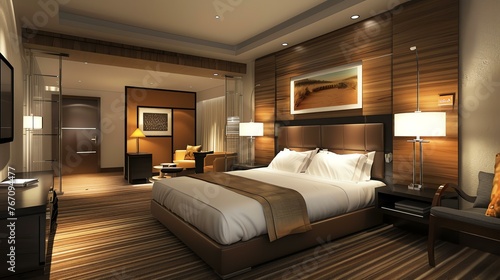 The hotel room is decorated in a modern style with wood paneling and recessed lighting. The bed has a leather headboard and white linens.