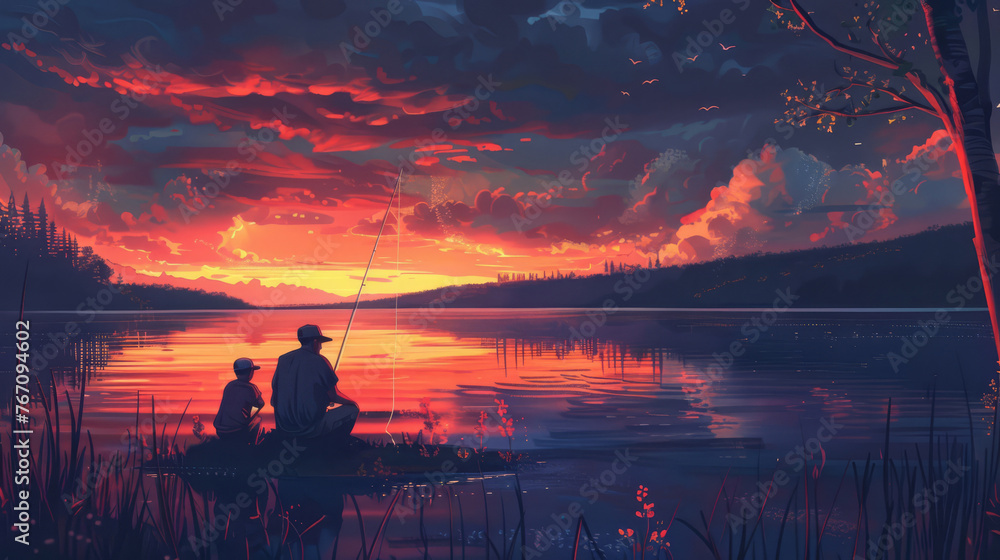 A tranquil scene of fishing at dusk with vivid colors in the sky reflecting on the water, portraying a serene father-child bonding moment. Father's day concept - obrazy, fototapety, plakaty 