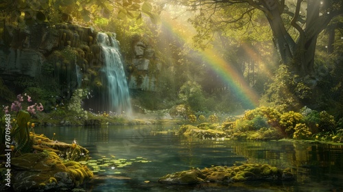 Enchanting forest scene with waterfalls, sunlight filtering through trees, and lush greenery, ideal for nature and tranquility themes.