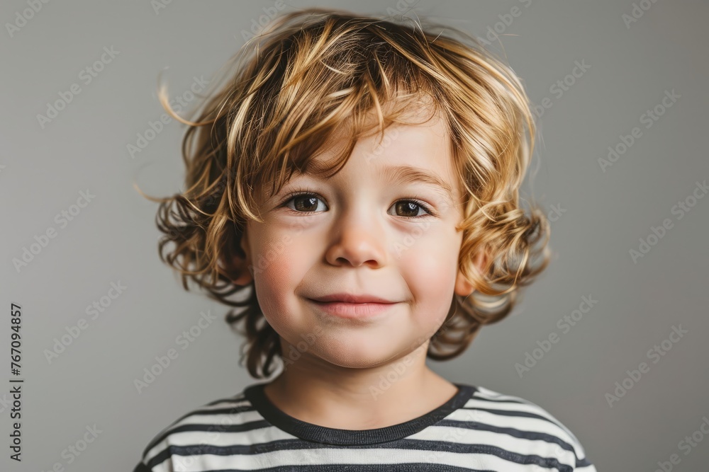 Portrait of a cute little boy with blond curly hair on gray background Portrait of a cute little boy with blond curly hair on gray background