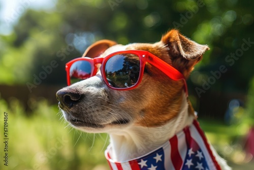 A dog wearing sunglasses and an american flag © Lubos Chlubny