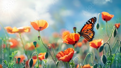 Beautiful red poppy flowers and Monarch butterfly in spring in nature outdoors on sunny day. Blooming poppies.