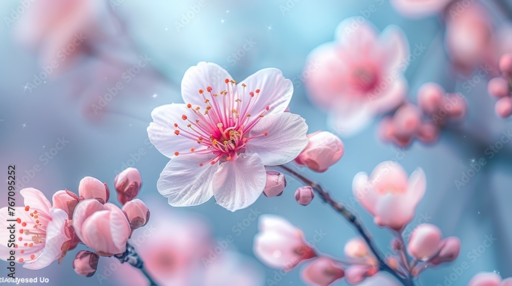 Closeup of pink flower on tree branch in natural landscape