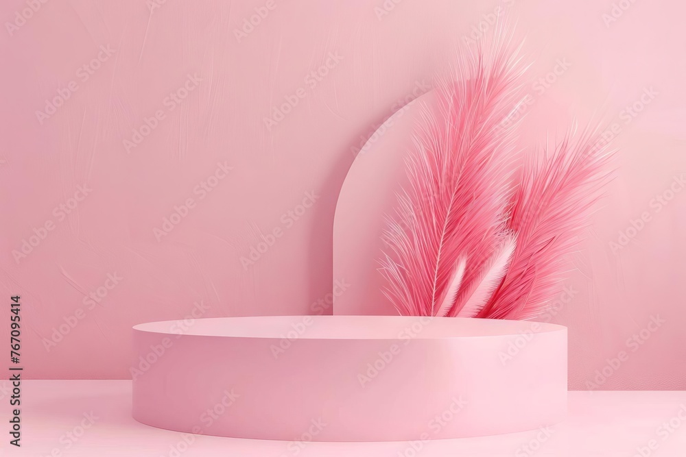 Minimalist Pink Podium with Soft Feather Accents for Product Display, 3D Rendering - obrazy, fototapety, plakaty 