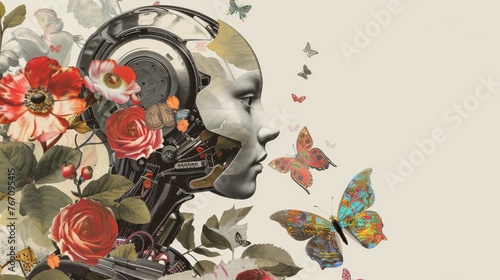 Surreal portrait of a female robot surrounded by butterflies and flowers, blending technology with nature in a vintage textured style.