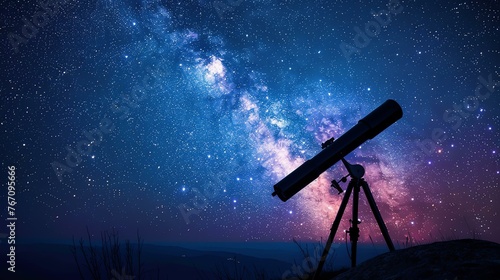 This image shows a view of the night sky with stars, a large telescope is set up on a tripod in the foreground.