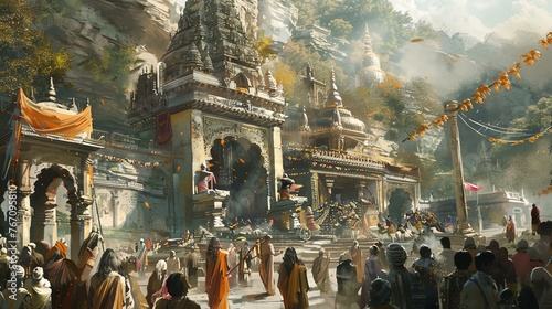 An ancient Indian temple stands tall and majestic, surrounded by lush green trees and a bustling crowd of people.