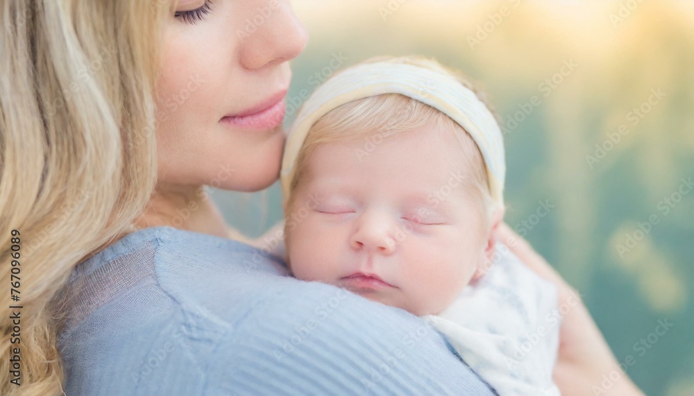 A closeup of a sleeping newborn baby being held by a mother. New parents, bonding family connection. A closeup of a sleeping newborn baby being held by a mother. New parents, bonding family connection.