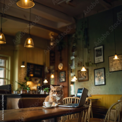 The cat is sitting at a laptop in a cafe. Remote work from a convenient location. © Николай Батаев