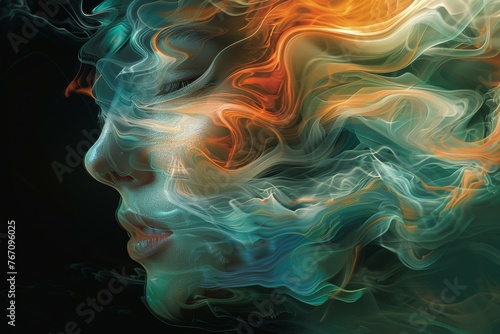 A woman's face is obscured by smoke, creating a surreal and dreamlike atmosphere