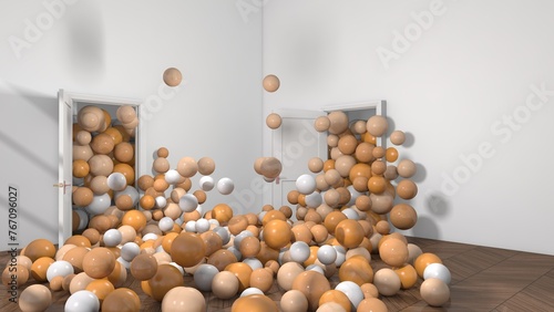 Colorful balloons flying in the room. 3D illustration, 3D rendering	