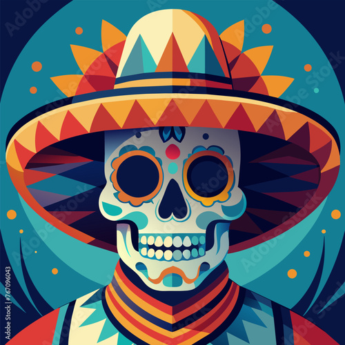Mexican poster with sugar skull and sombrero for festival dia de los muertos. Mexico background, festive backdrop. Vibrant vector art of a sombrero-wearing skull celebrating