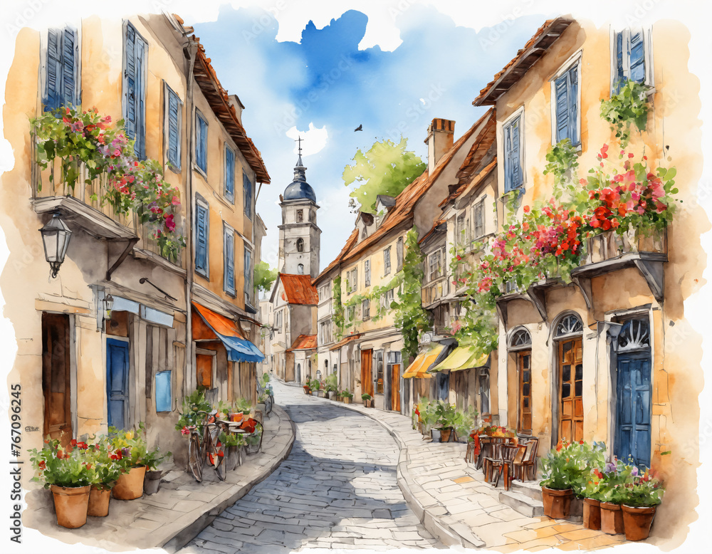 Narrow street of an old European city. Romantic background in digital illustration style.