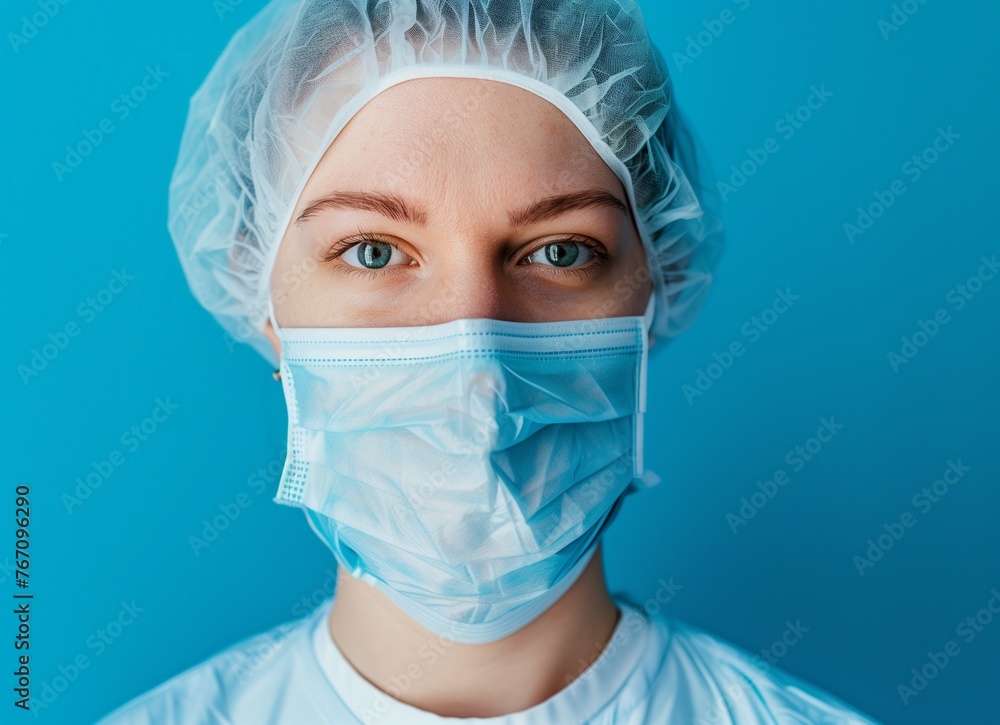 Close up portrait photo, Eye of Doctor. Protection against contagious disease, coronavirus, hygienic face surgical medical mask to prevent infection. blue background Close up portrait photo, Eye of Doctor. Protection against contagious disease, coronavirus, hygienic face surgical medical mask to prevent infection. blue background