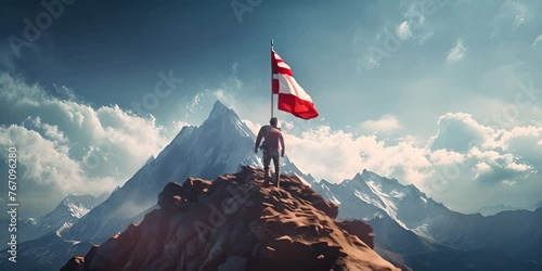 Hiker man heading to mountain top where there is a flag on top 4K Video photo