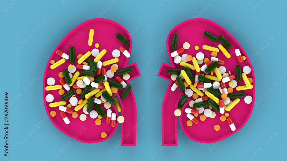 Assorted medical pills inside a human lung with blue background in conceptual format. Showing the lungs having over consumption of medicine. 3D rendering.