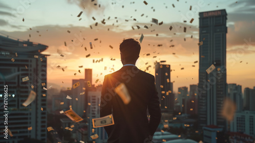 Wealthy successful Billionaire businessman standing among money and bills on the building rooftop enjoying the city skyline.