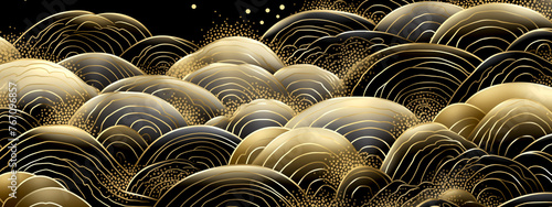 Horizontal Luxury Image of Elegant Gold Pattern on Black Background in Japanese Style