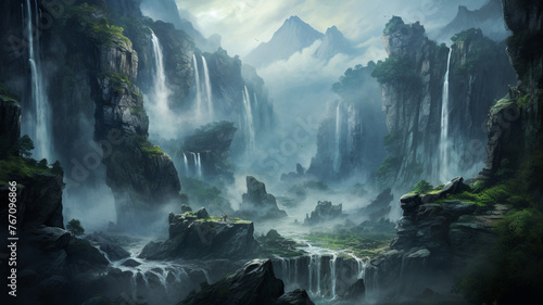  A majestic waterfall cascading down rugged cliffs, enveloped in mist, evoking a sense of awe and wonder. 
