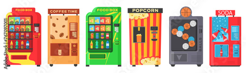 Vending machines icons set with toys water and coffee machines flat isolated vector illustration