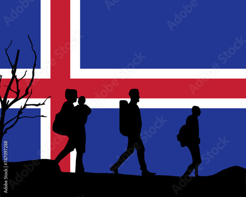 Immigration and refugees front of Iceland flag, immigrant and refugee concept