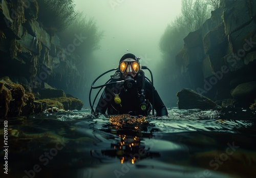 Person in Scuba Suit Diving in Water
