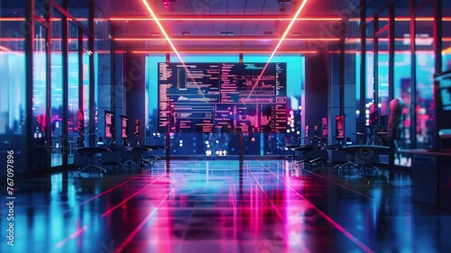 Modern neon cyberpunk open space office interior blurred with information technology overlay screen display