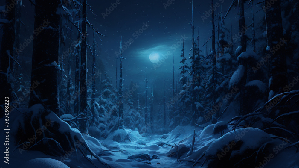 A pristine snow-covered forest bathed in soft moonlight, where every tree seems to whisper secrets of the night