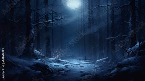 A pristine snow-covered forest bathed in soft moonlight, where every tree seems to whisper secrets of the night