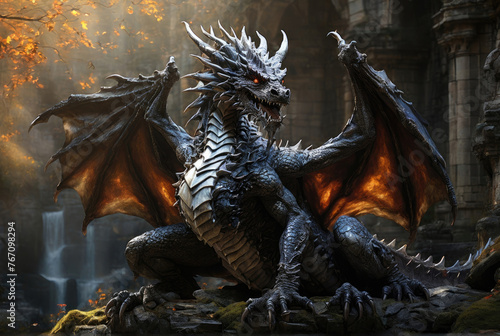 Dark fantastic dragon in ancient fantasy world