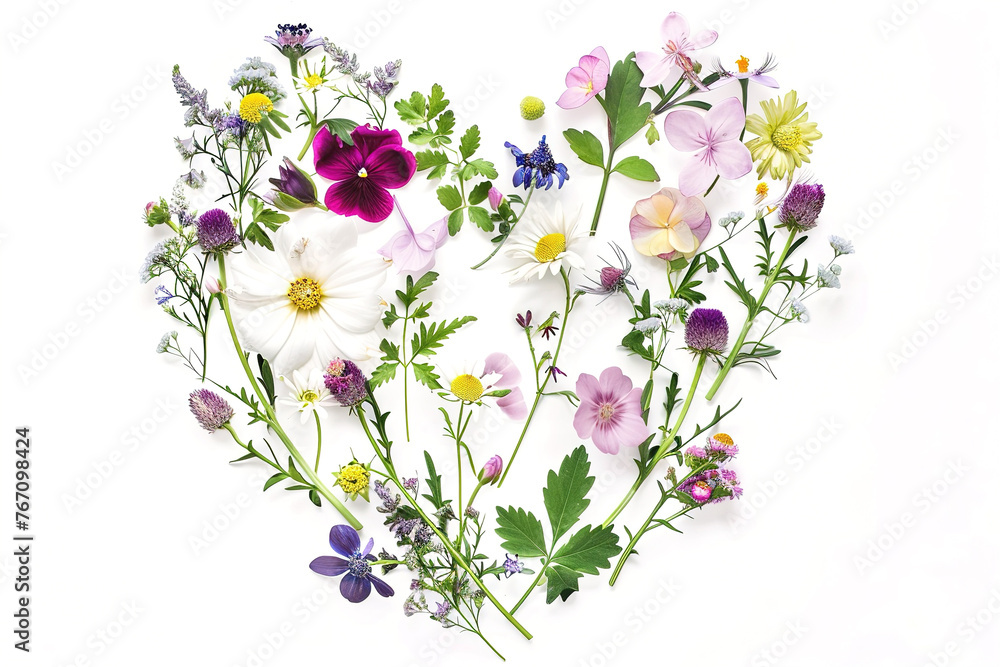 Spring Flowers Arranged in a Heart Shape on White Background