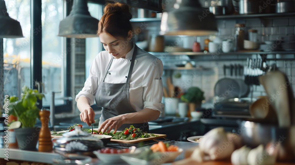 Portrait of woman at work as chef in the kitchen Portrait of woman at work as chef in the kitchen