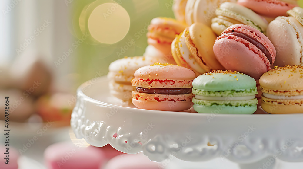 Fototapeta premium Close-up photo of colorful macarons, French almond cookies, tender and delicious dessert