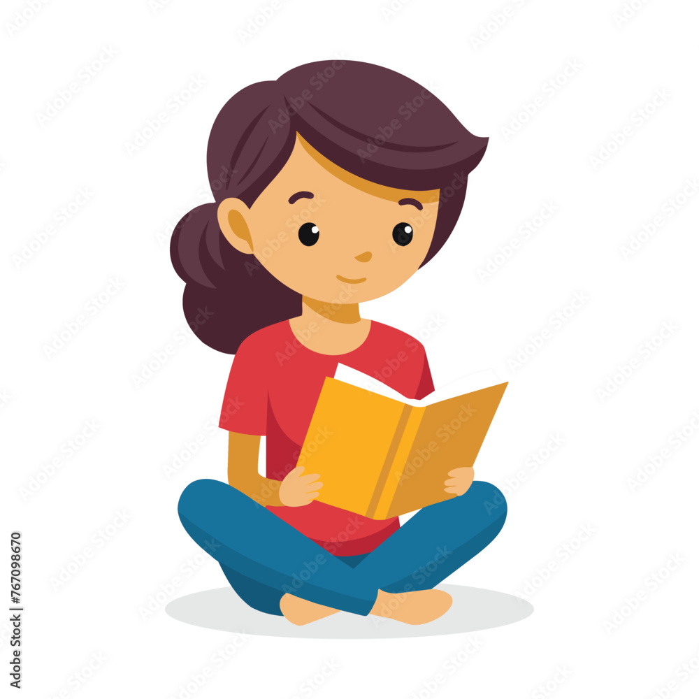 Girl reading a book isolated flat vector illustration on white background.