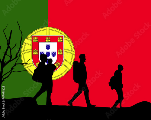 Immigration and refugees front of Portugal flag, immigrant and refugee concept