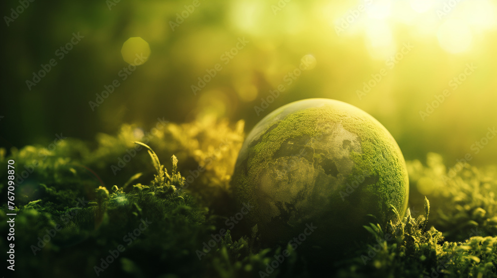 Esfera verde de planeta terra na natureza - Conceito dia da terra - obrazy, fototapety, plakaty 