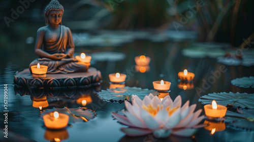 statue of Buddha illuminated by candlelight with floating lotus flowers in the foreground,ai 