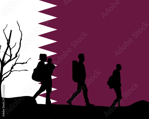 Immigration and refugees front of Qatar flag, immigrant and refugee concept