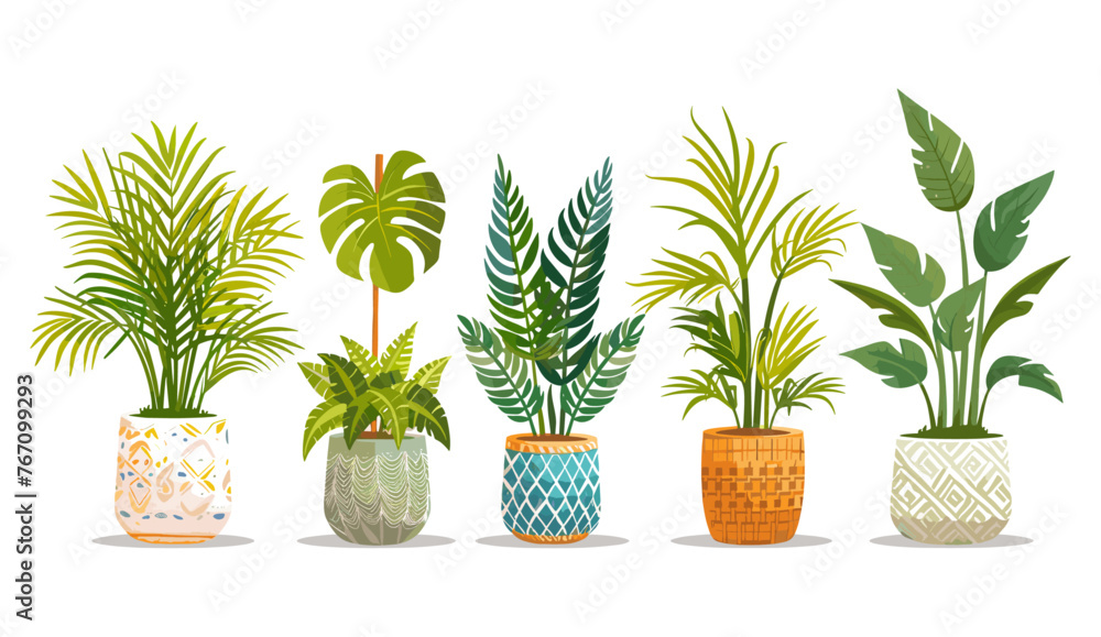 家の鉢植え。インテリア用の鉢に入った漫画の観葉植物。装飾的なモンステラ、ポットのヤシ、バスケットのイチジク、花瓶のピレア。屋内の緑の植物、葉、葉のベクトルを設定