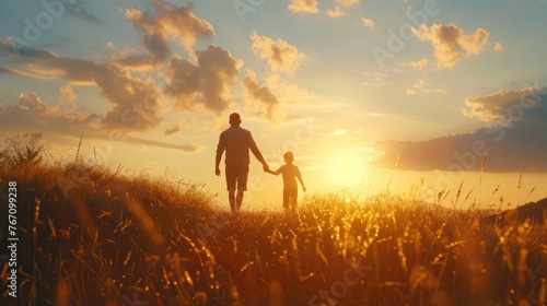 Father and son walking enjoying the sunset view AI generated image
