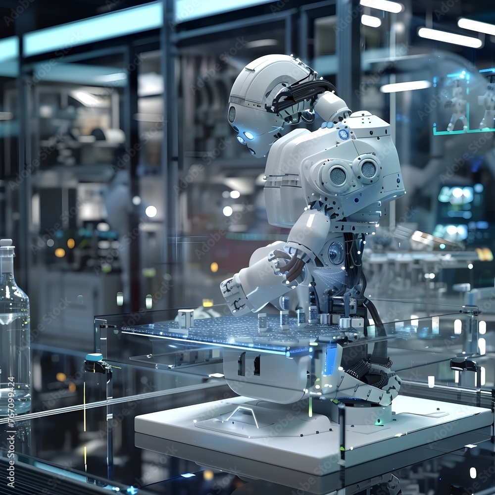Robot in Glass Case with Bottles, To showcase the integration of robotics and automation in modern laboratories and industrial settings, emphasizing Robot in Glass Case with Bottles, To showcase the integration of robotics and automation in modern laboratories and industrial settings, emphasizing