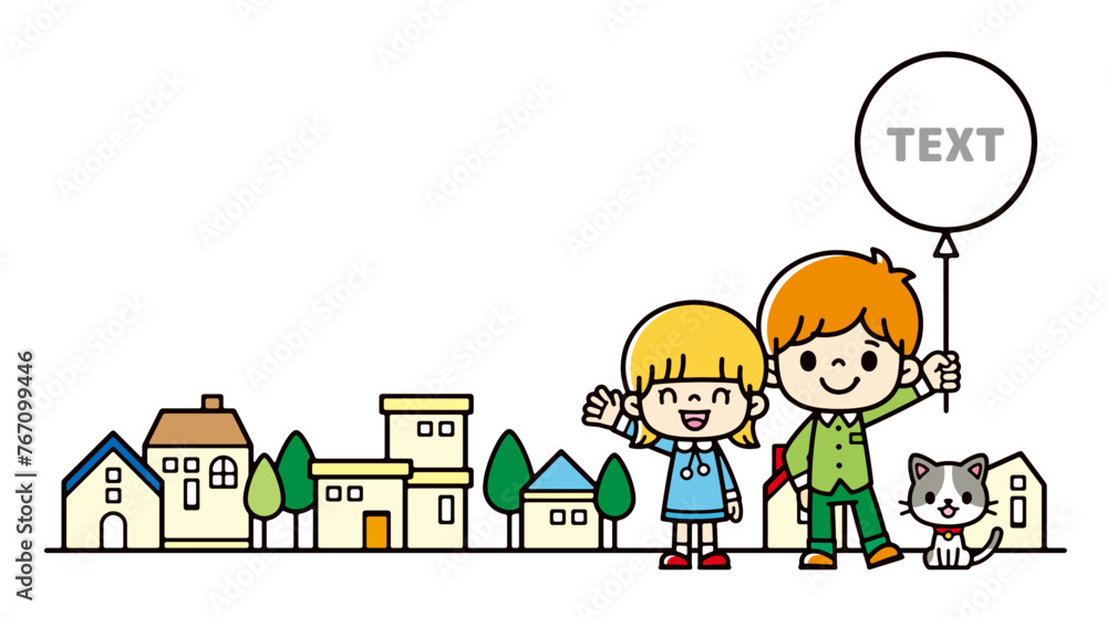 Clip art of children holding balloons with smiles in the street